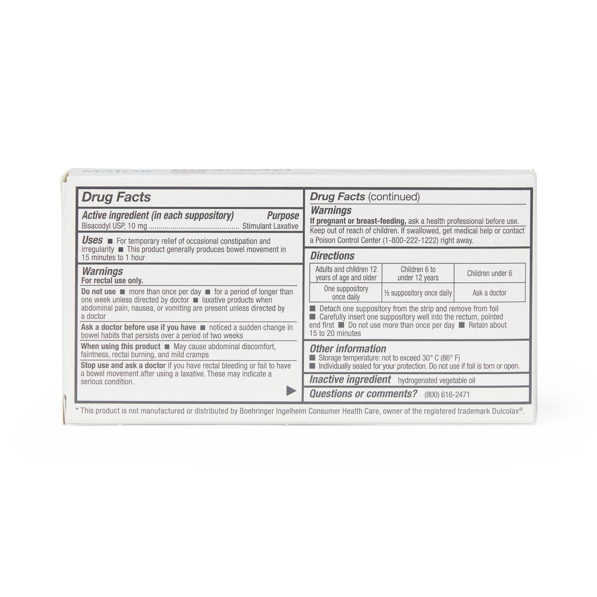 Bisacodyl suppositories box back panel showing Drug Facts label with directions, warnings, and dosage information
