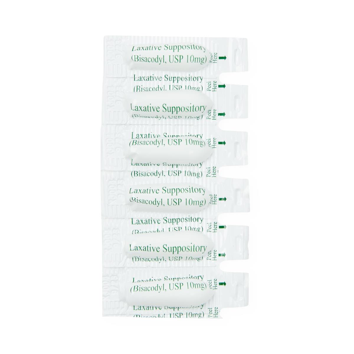 Bisacodyl USP 10mg laxative suppositories in individual white foil peel-open wrappers, shown as a strip of ten doses