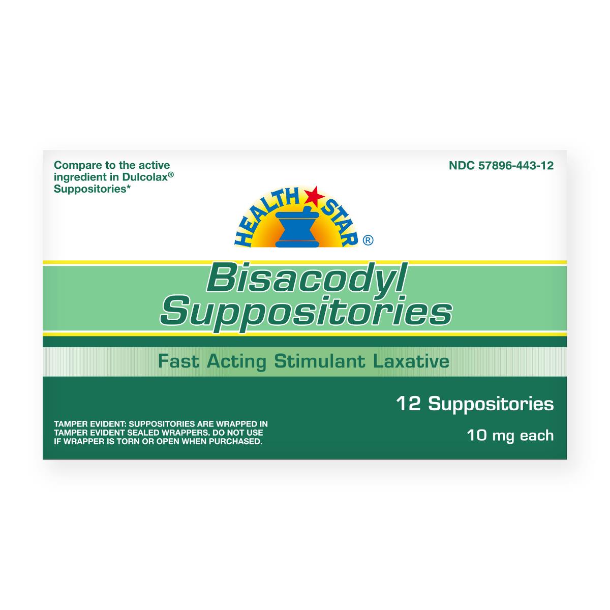 Bisacodyl Suppositories box by Health Star, 10 mg each, 12 count, stimulant laxative, green and white packaging