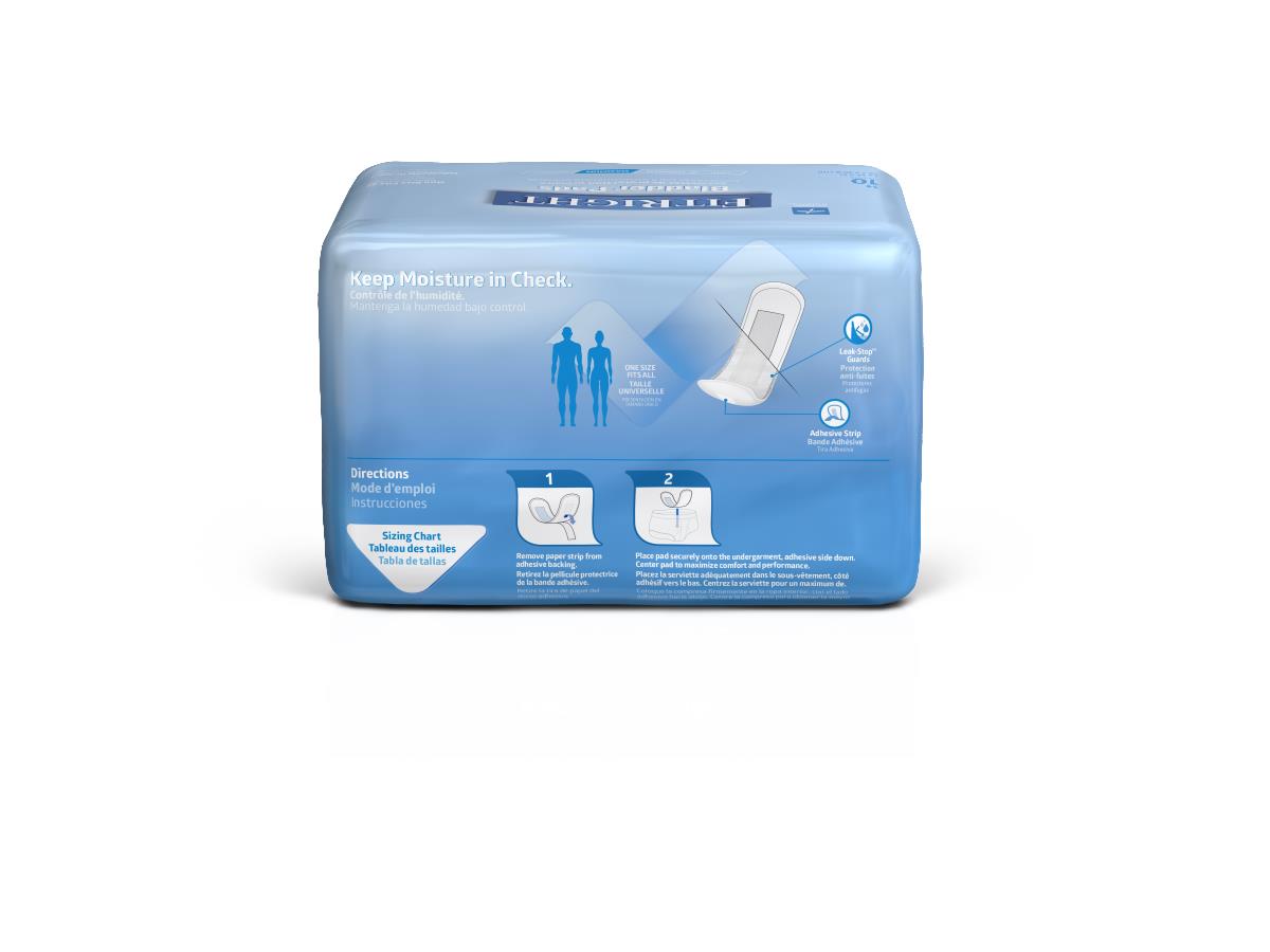 Bladder control pad package back panel showing usage directions, sizing chart, and one-size-fits-all labeling on blue