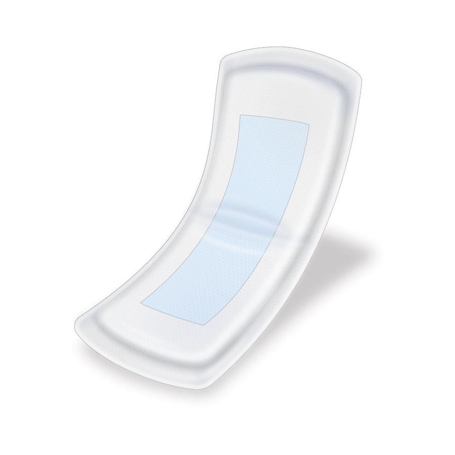 Bladder control pad with light blue absorbent core and white soft cover, shown at an angle on white background