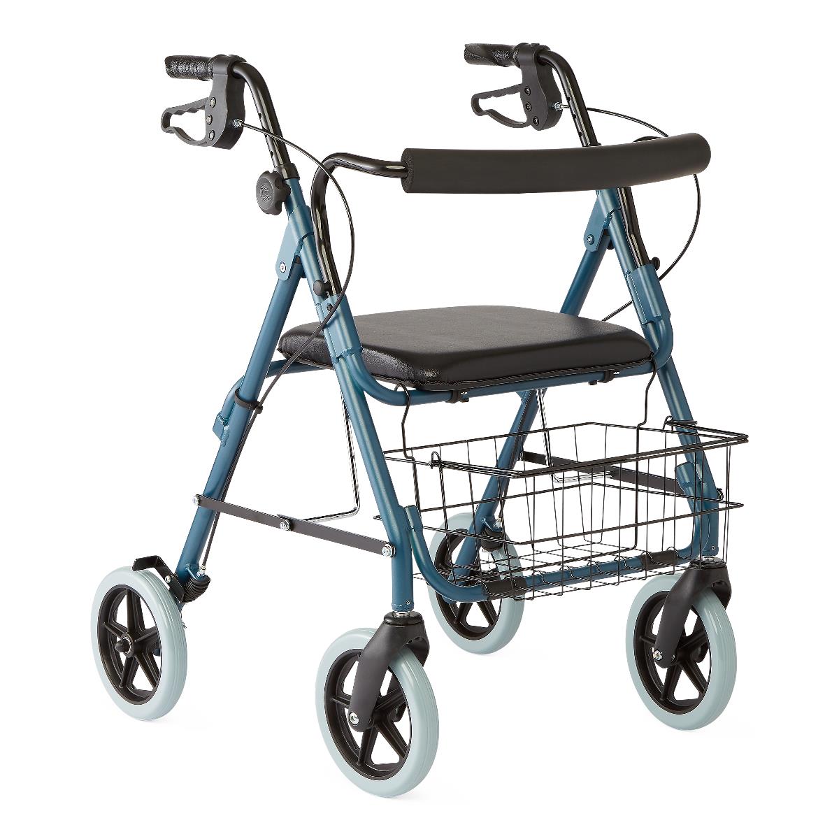 Rollator walker with blue frame, padded seat and backrest, hand brakes, wire basket, and four 8-inch wheels