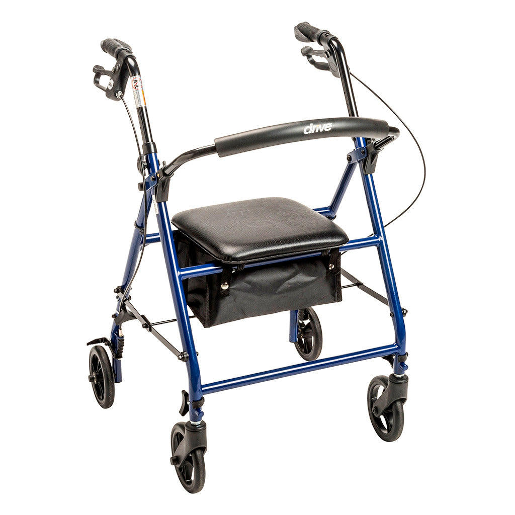 Rollator walker with blue steel frame, padded seat, back support, hand brakes, under-seat bag, and four black wheels