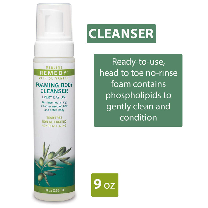 Foaming body cleanser pump bottle with olive branch design, 9 oz, labeled no-rinse daily use formula