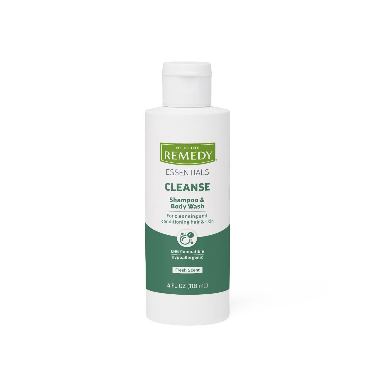 Shampoo and body wash in a white 4 fl oz bottle with green label reading Remedy Essentials Cleanse