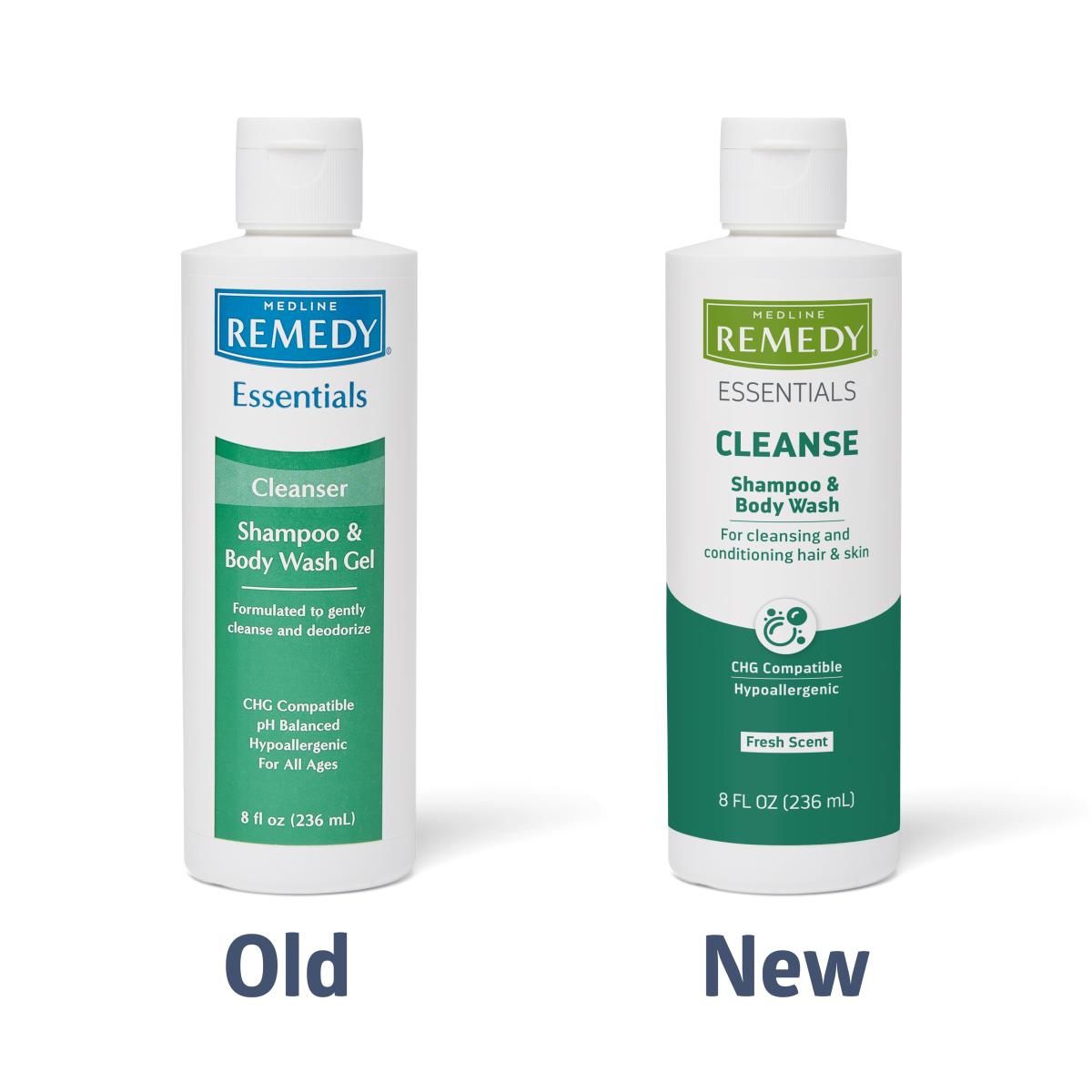 Shampoo and body wash bottles showing old and new Remedy Essentials packaging side by side, 8 fl oz each