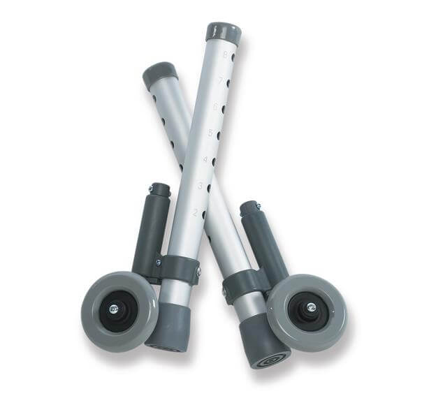 Walker rear brake footpiece attachments with aluminum legs, height-adjustment holes, and gray swivel wheels, set of two pairs
