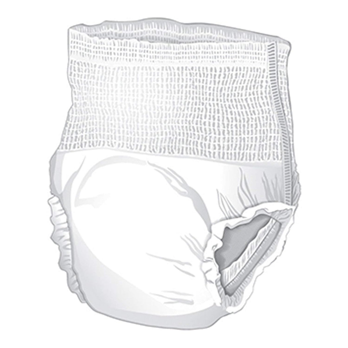 Disposable absorbent pull-on underwear with mesh waistband and absorbent core, shown in illustrated side view on white