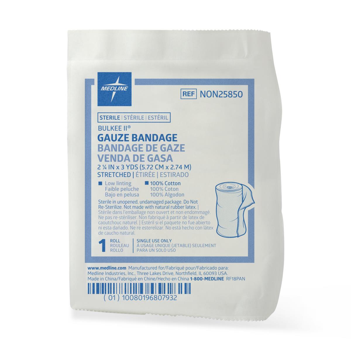 Sterile gauze bandage roll in white packaging with blue label, single roll, 100% cotton, low linting