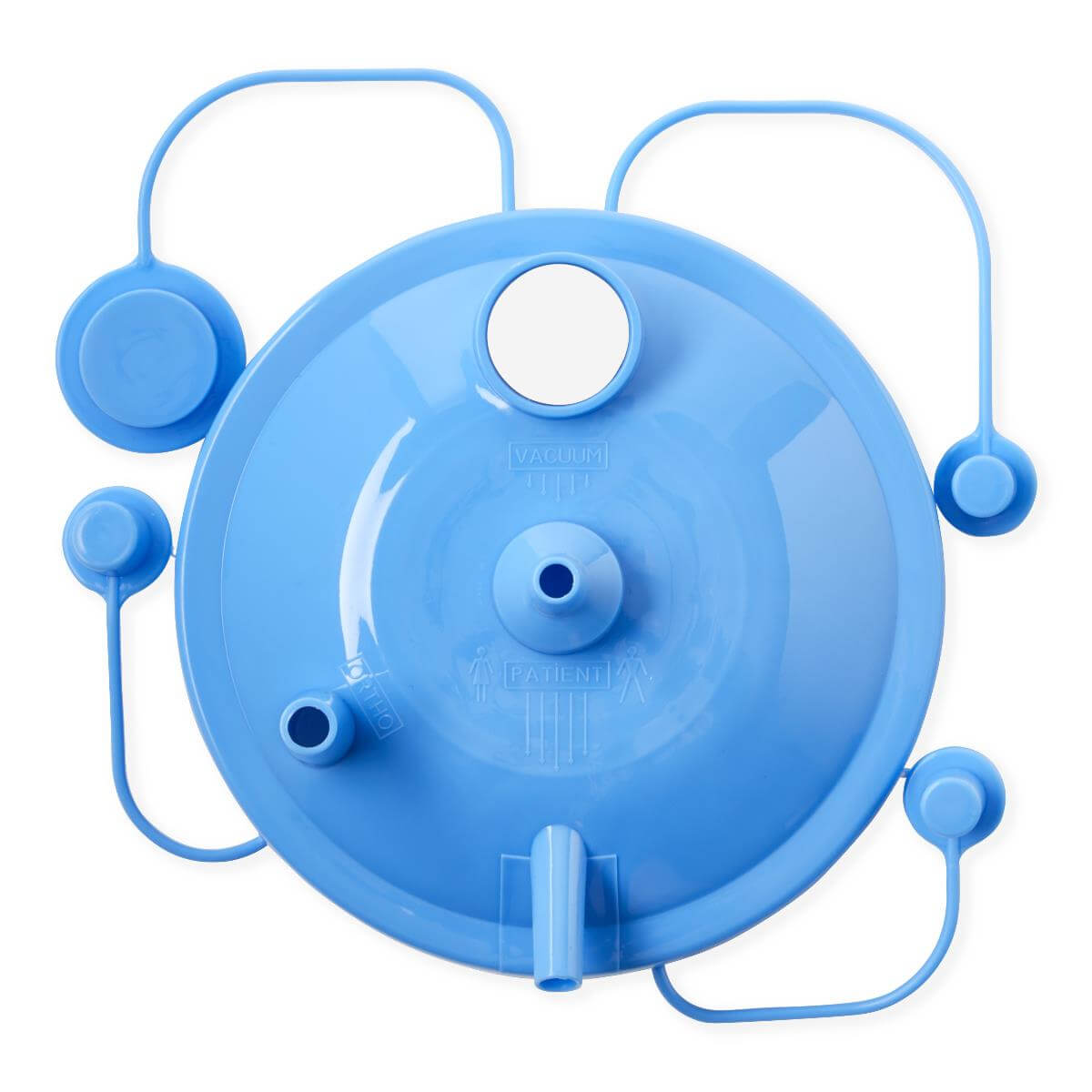 Suction canister float lid in blue plastic with multiple ports, tubing caps, and labeled vacuum and patient connections