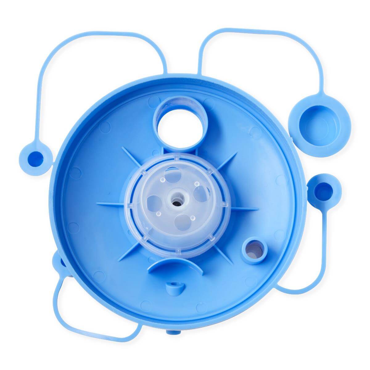 Suction canister float lid in blue plastic with central valve, port openings, and tethered caps, viewed from above