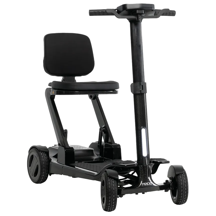 GoGo Carbon folding mobility scooter in black carbon fiber finish with padded seat, backrest, tiller handlebar, and four