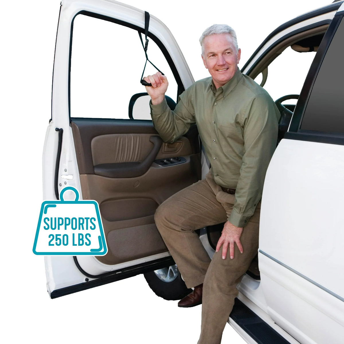 Car caddie portable handle looped over vehicle door frame, used by older man stepping into white SUV