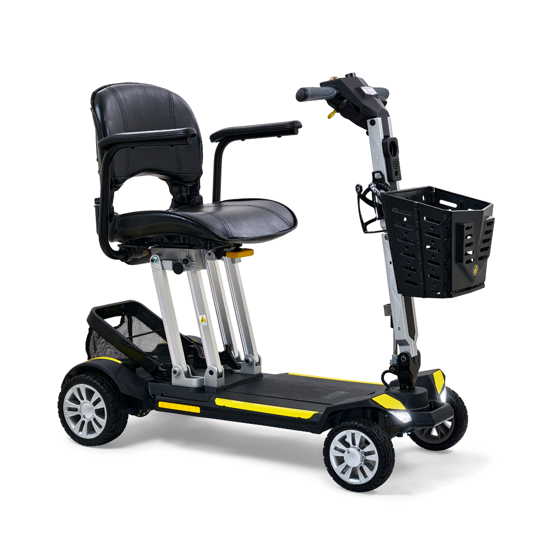 Four-wheel folding mobility scooter in black and yellow with padded seat, tiller handlebars, and front storage basket