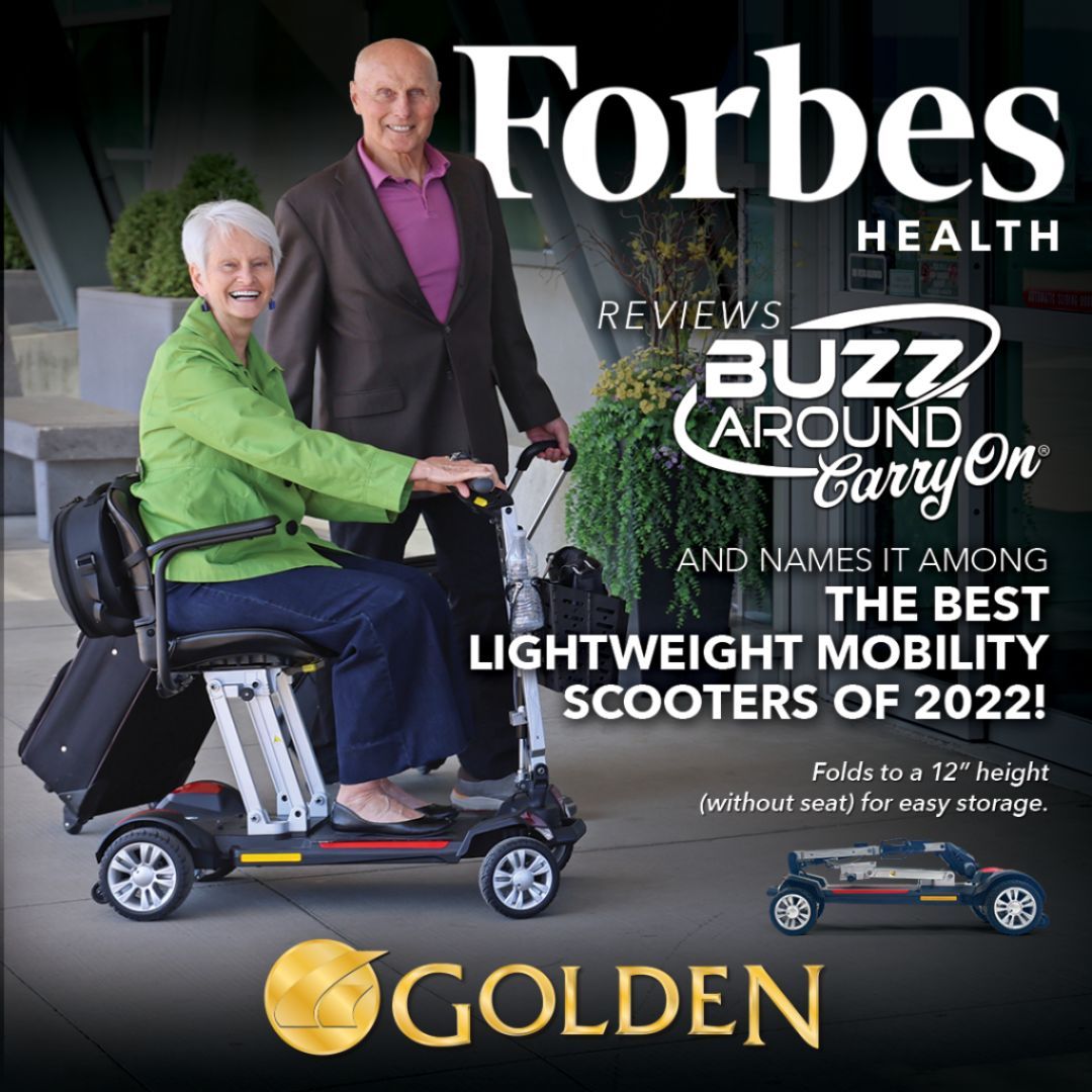 Golden Technologies Buzzaround Carry On folding mobility scooter GB120 with senior woman rider and Forbes Health award