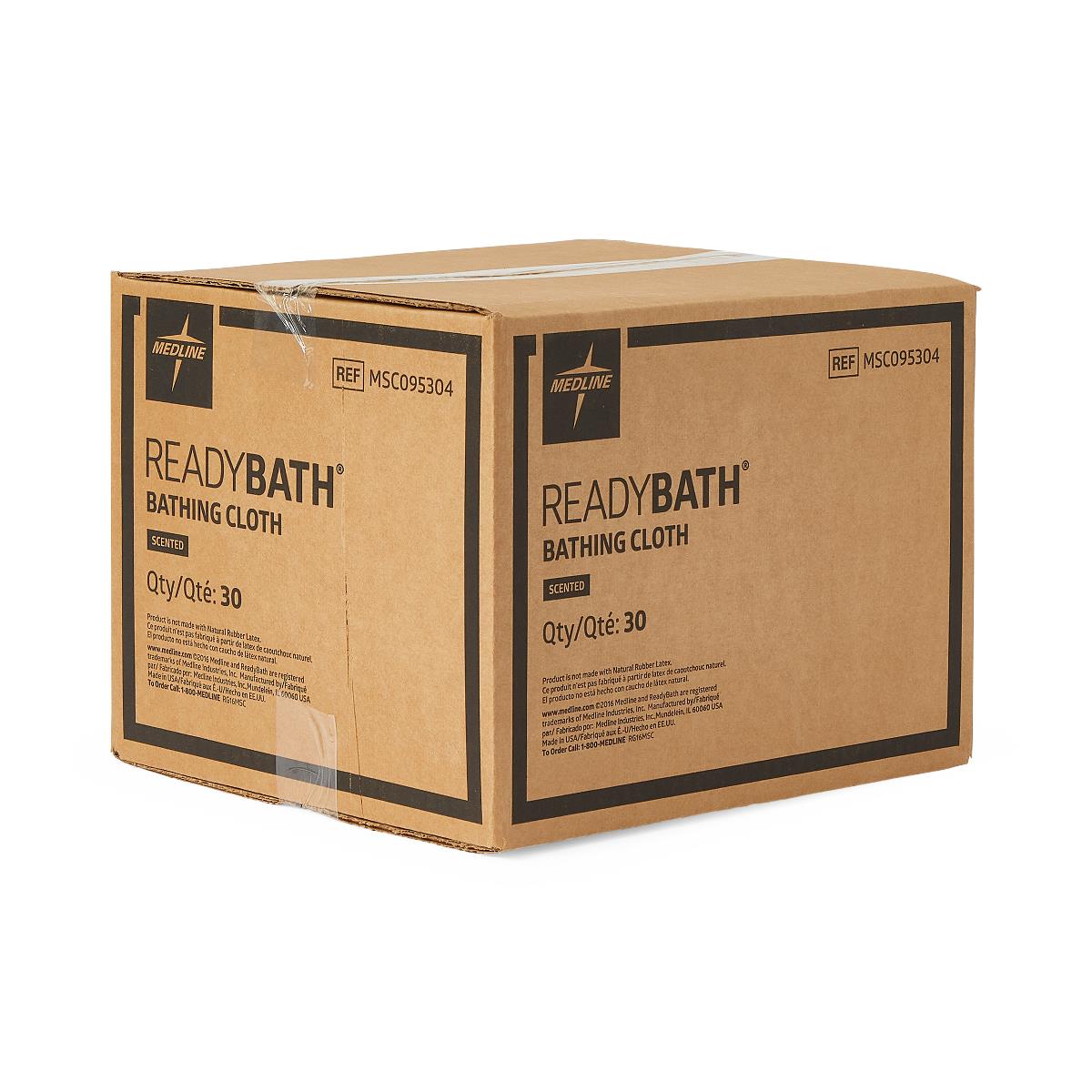 Disposable bathing cloth case, cardboard box labeled ReadyBath Scented Bathing Cloth, quantity 30, by Medline