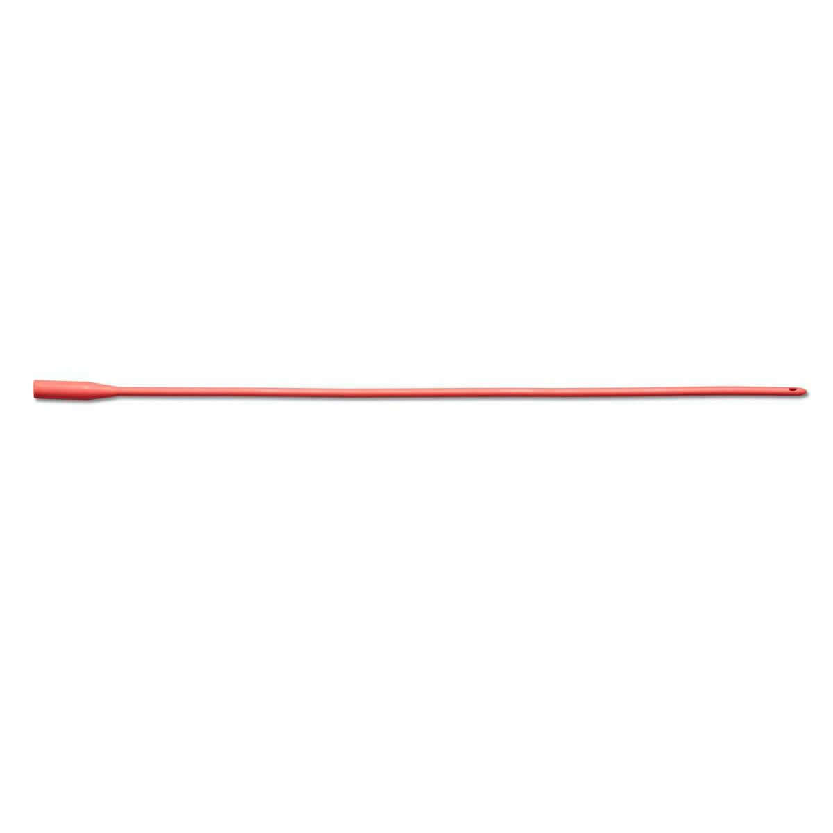 Sterile red rubber urethral catheter shown full length against white background, with tapered insertion tip and drainage eye