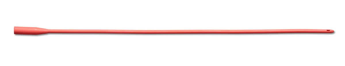 Sterile red rubber urethral catheter shown full length with funnel end and drainage eye, isolated on white background