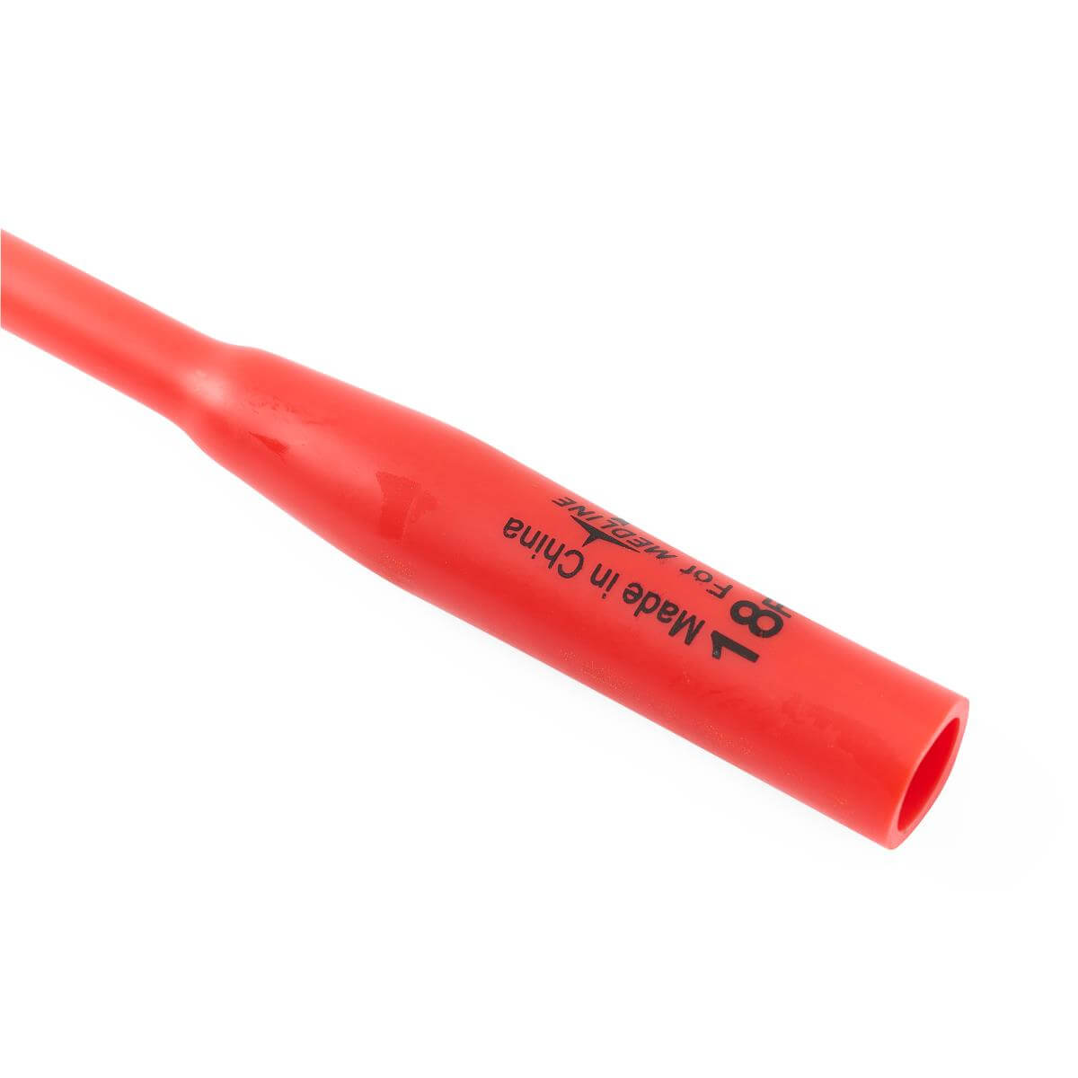 Sterile red rubber urethral catheter tip showing open drainage eye and size 18 FR markings on a white background