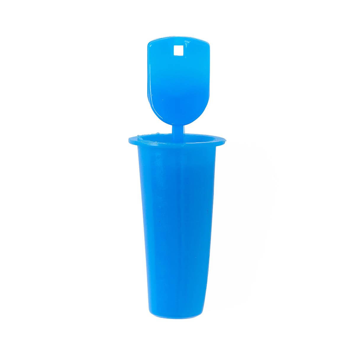 Catheter plug and drainage tube protector in blue plastic with a hinged flip-top cap, shown open on white background