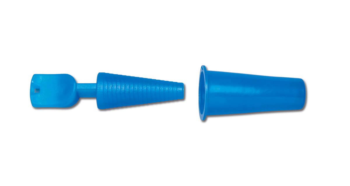 Catheter plug and drainage tube protector, two blue plastic cone-shaped components shown separated on white background