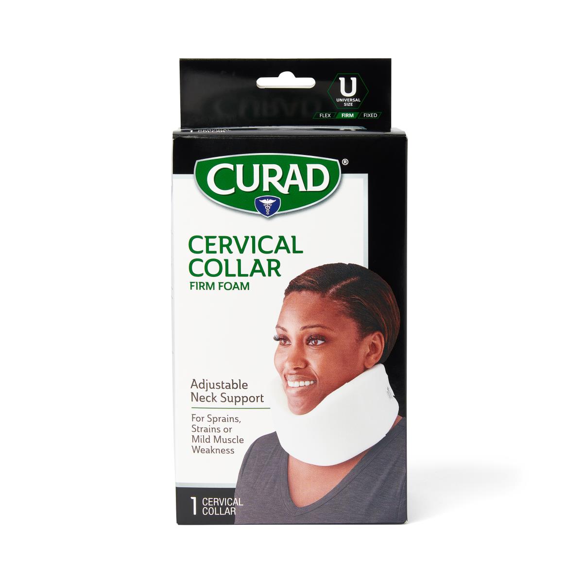 Cervical collar firm foam in black and white retail box showing a woman wearing the white foam neck support, universal size