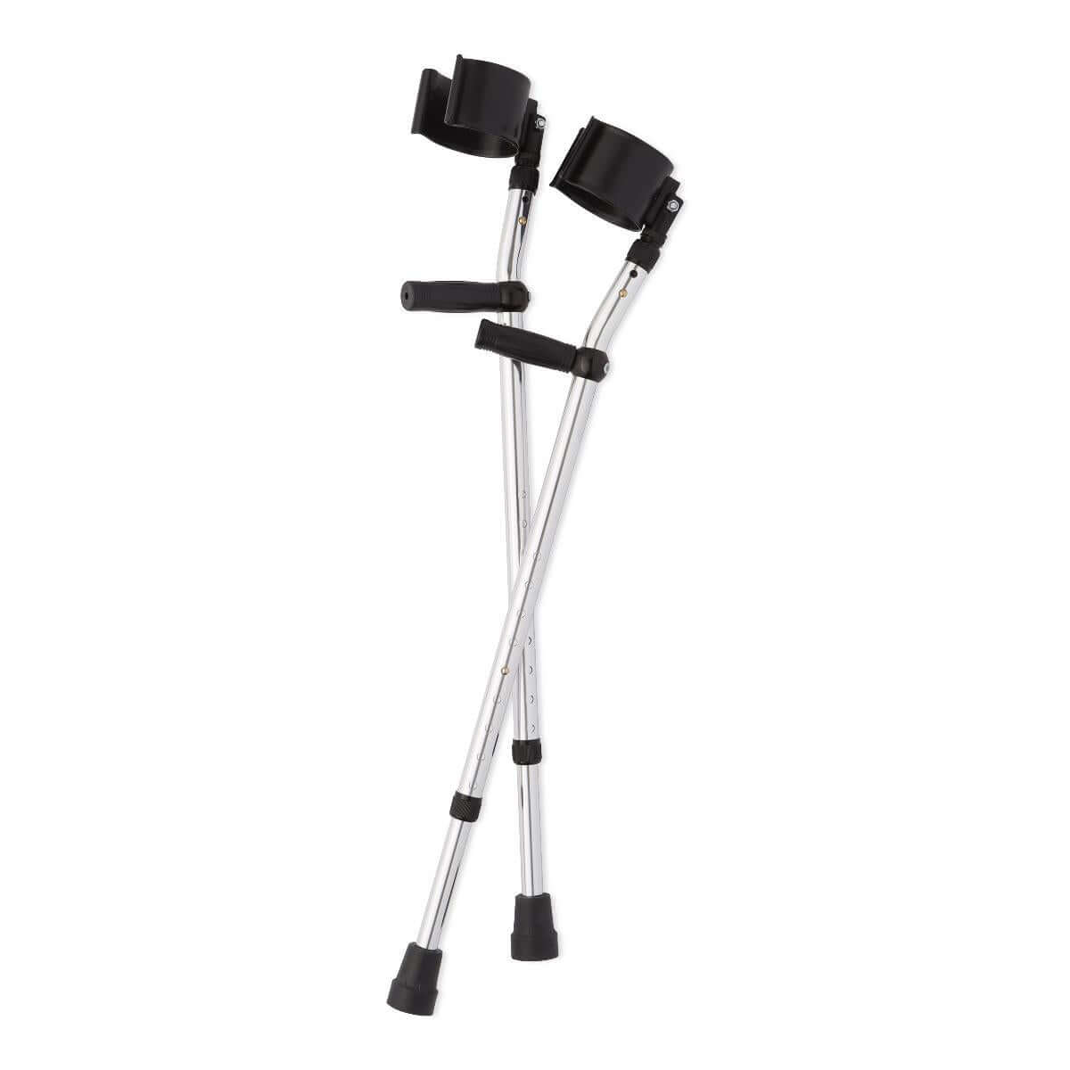 Pair of children's forearm crutches with silver aluminum shafts, black forearm cuffs, hand grips, and rubber tips
