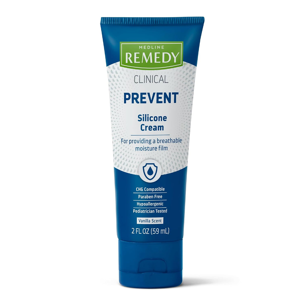 Silicone barrier cream in a blue and white 2 fl oz squeeze tube labeled Remedy Clinical Prevent Silicone Cream