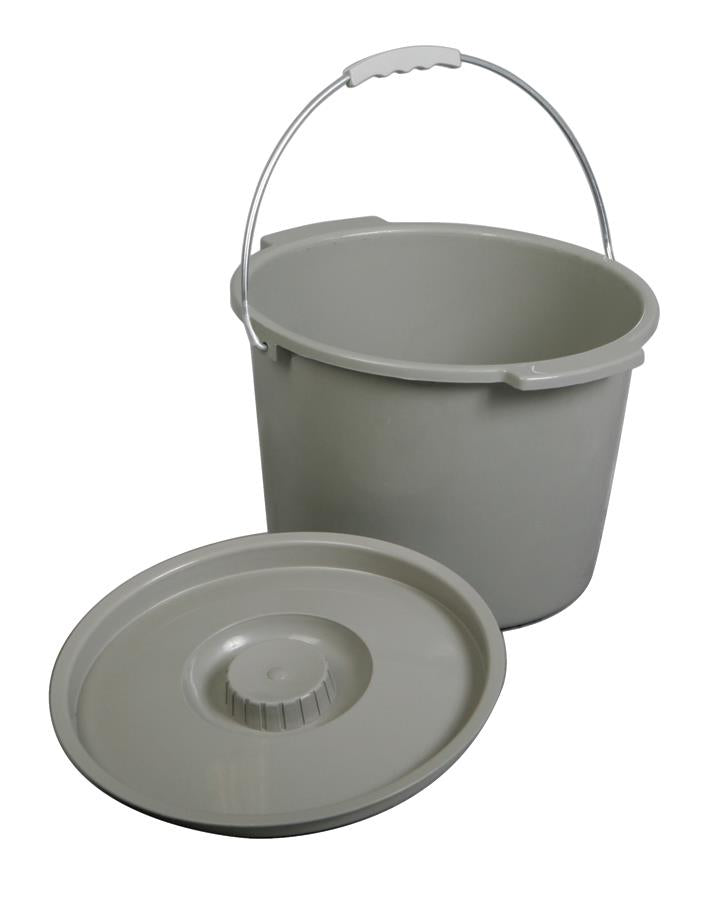 Commode bucket in gray plastic with metal bail handle and matching flat lid shown separately alongside bucket