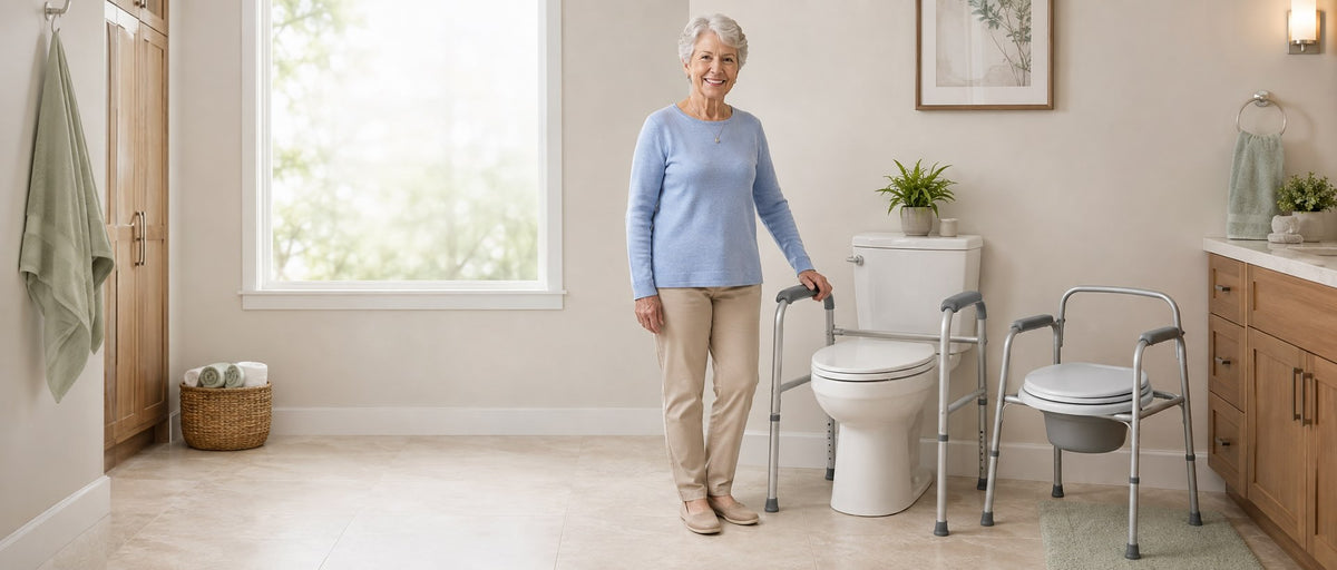 An elderly woman stands in a bright bathroom next to a toilet, holding a rollator, with a seat lift and a portable toilet chair beside the toilet.