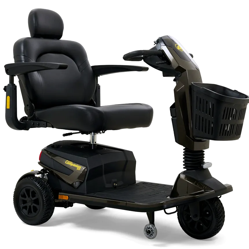 3-wheel mobility scooter in black with padded captain's seat, headrest, armrests, tiller steering, and front storage basket