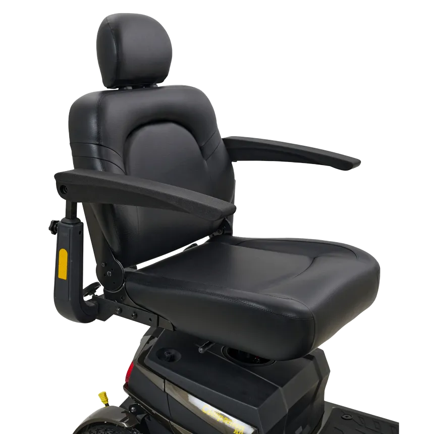 Power scooter seat close-up showing black padded captain's chair with headrest, armrests, and rear base assembly