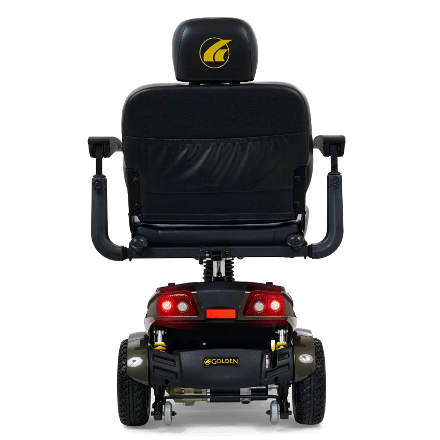 Power scooter by Golden shown from the rear, featuring a black captain's seat with headrest, armrests, and red taillights