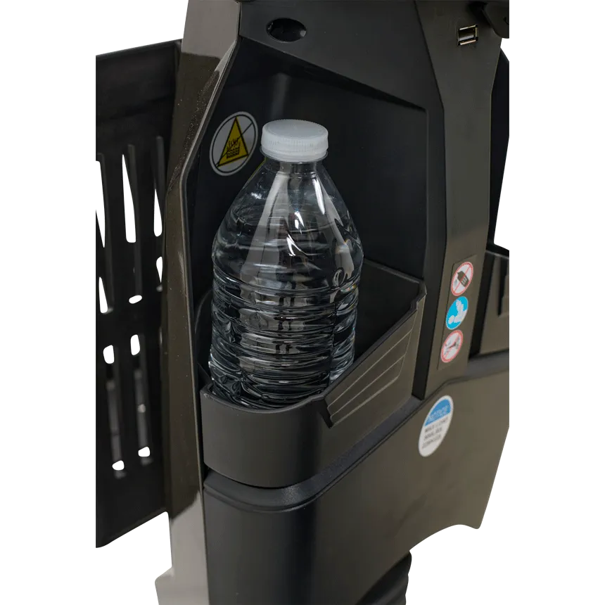 Power scooter side panel with open storage compartment holding a standard water bottle in a built-in cup holder