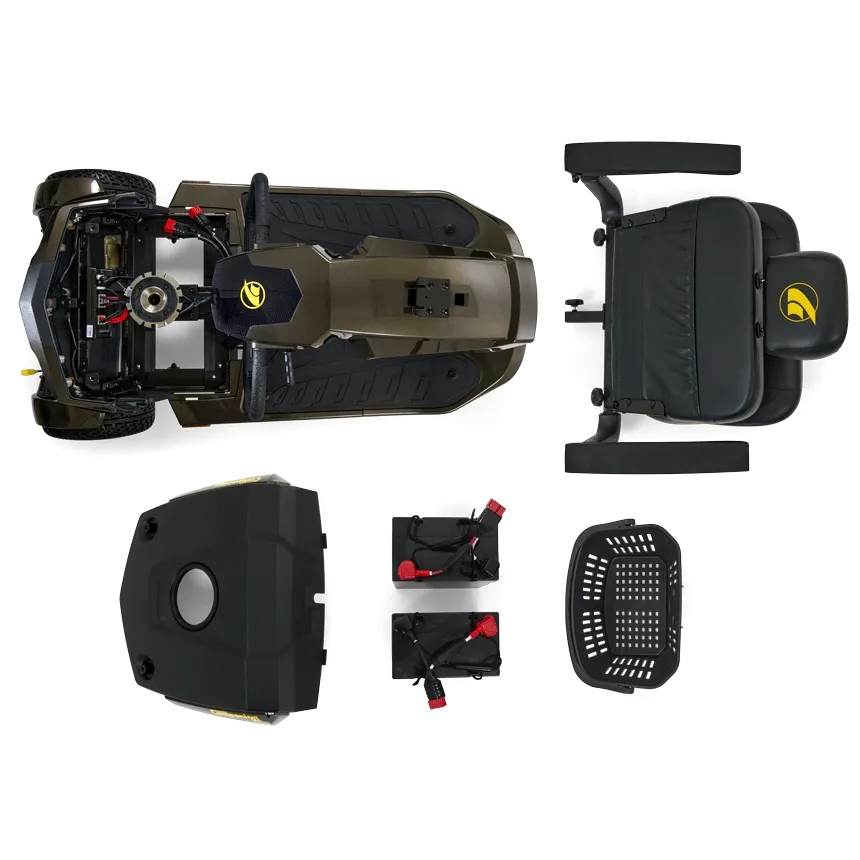Power scooter shown disassembled from above, displaying base, seat, shroud, batteries, and basket components on white