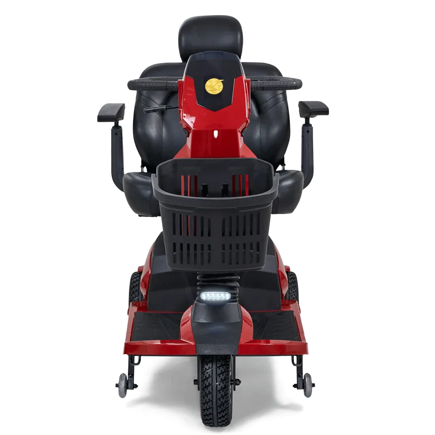 Companion HD 3-wheel mobility scooter in red, front view, with padded seat, armrests, front basket, and headlight