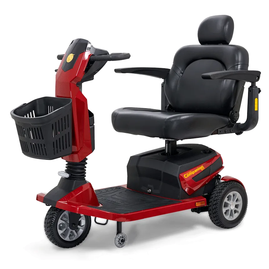 Companion HD 3-wheel mobility scooter in red with black padded seat, headrest, armrests, front basket, and tiller controls