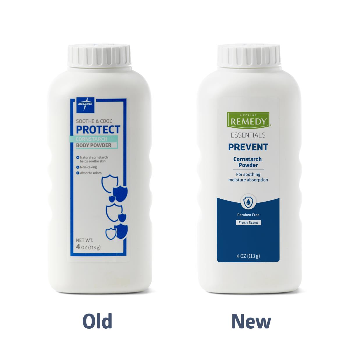 Soothe and Cool Cornstarch Body Powder old and new 4 oz bottle packaging comparison on white background