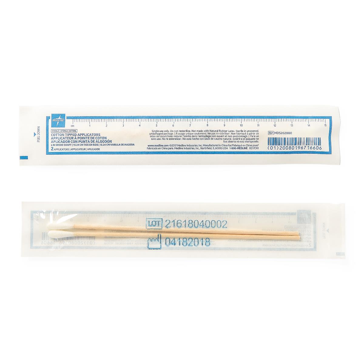 Cotton-tipped applicators with wooden shafts shown in sealed sterile packaging, front and back views displayed on white