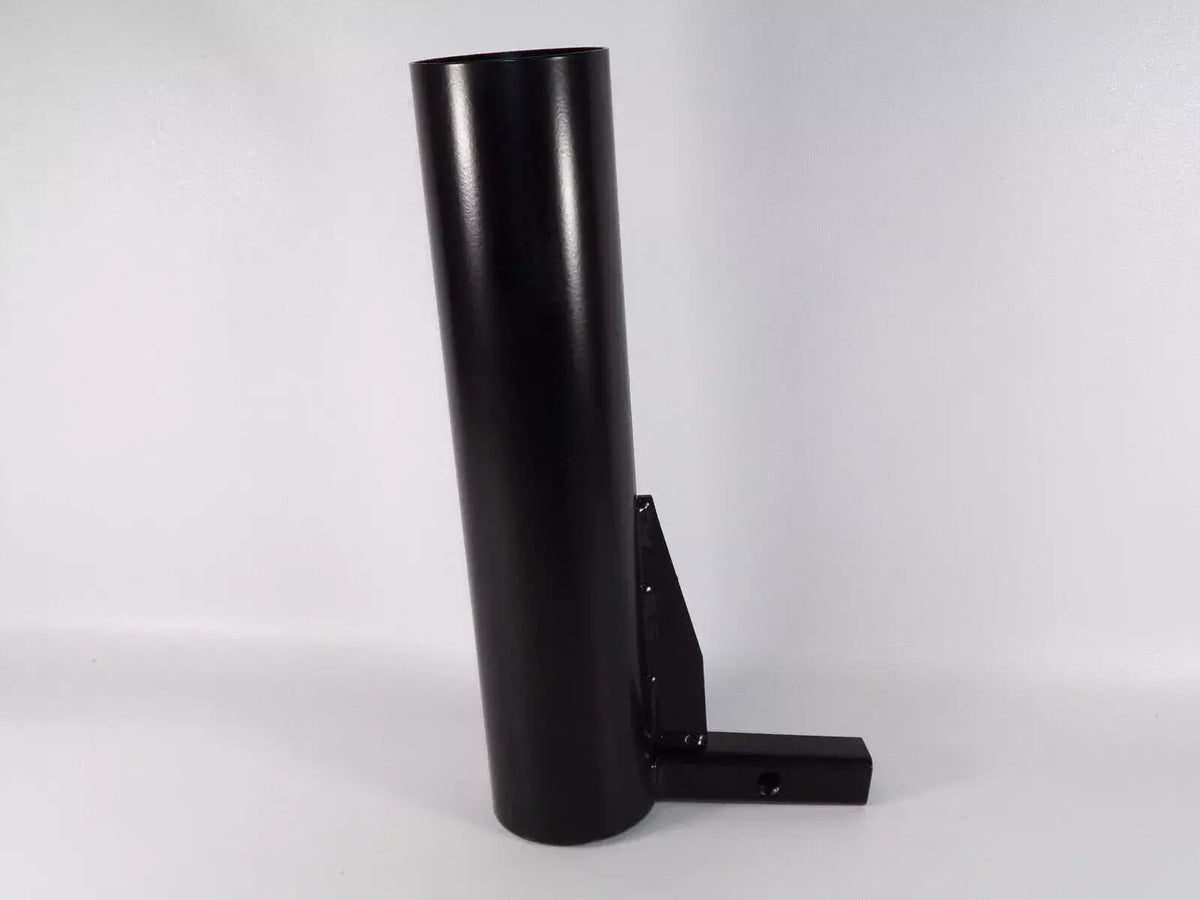 Power mobility crutch and cane holder with black cylindrical tube mounted on an angled bracket with hitch-style base