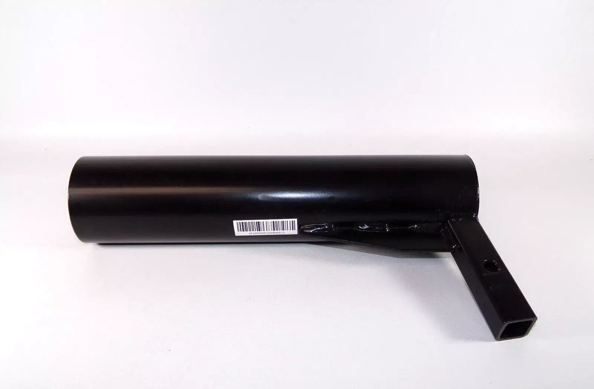 Power mobility crutch and cane holder with black cylindrical tube and angled square mounting bracket
