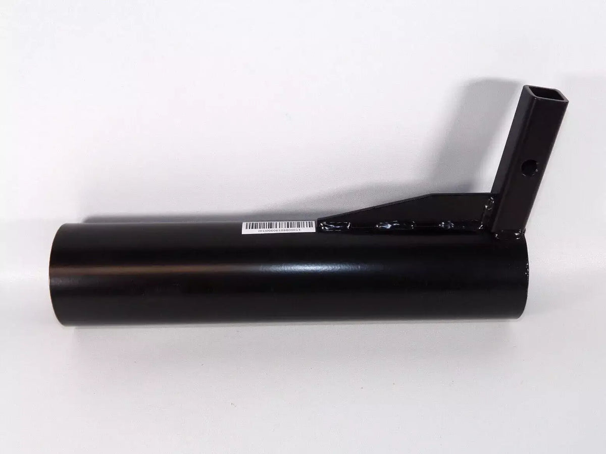Power mobility crutch and cane holder with black metal cylindrical tube and angled square mounting bracket