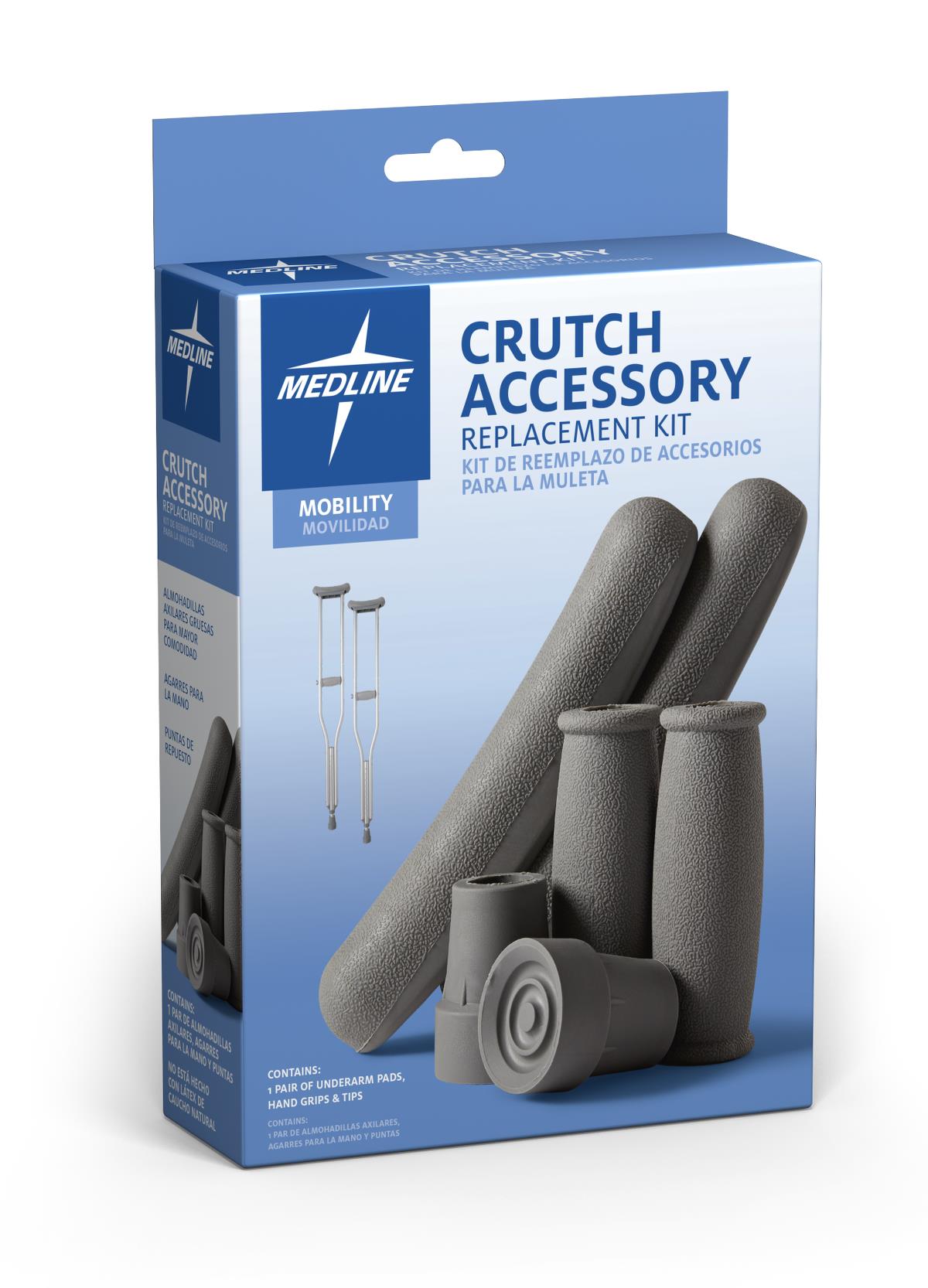 Crutch accessory replacement kit in blue retail box showing gray underarm pads, hand grips, and rubber tips included