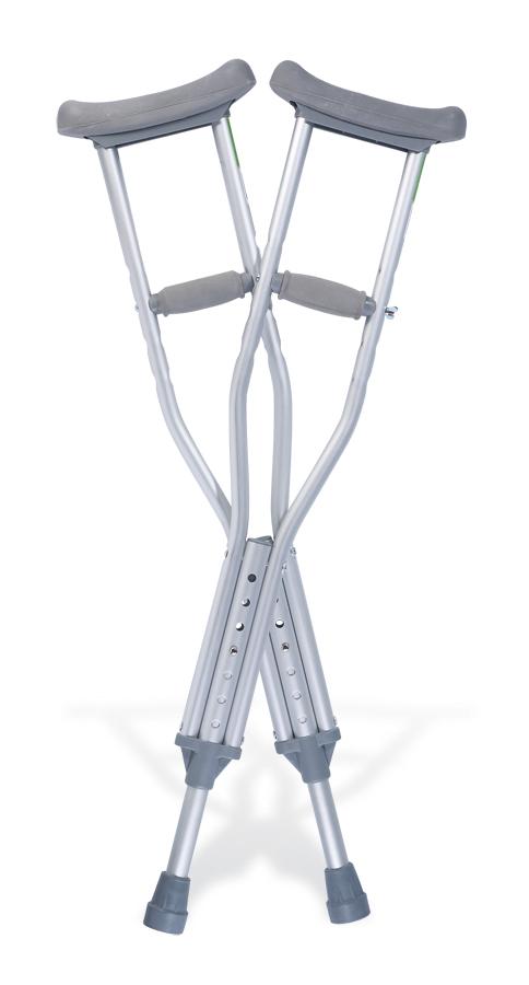 Pair of aluminum underarm crutches with gray padded axillary tops, hand grips, adjustable push-button legs, and rubber tips