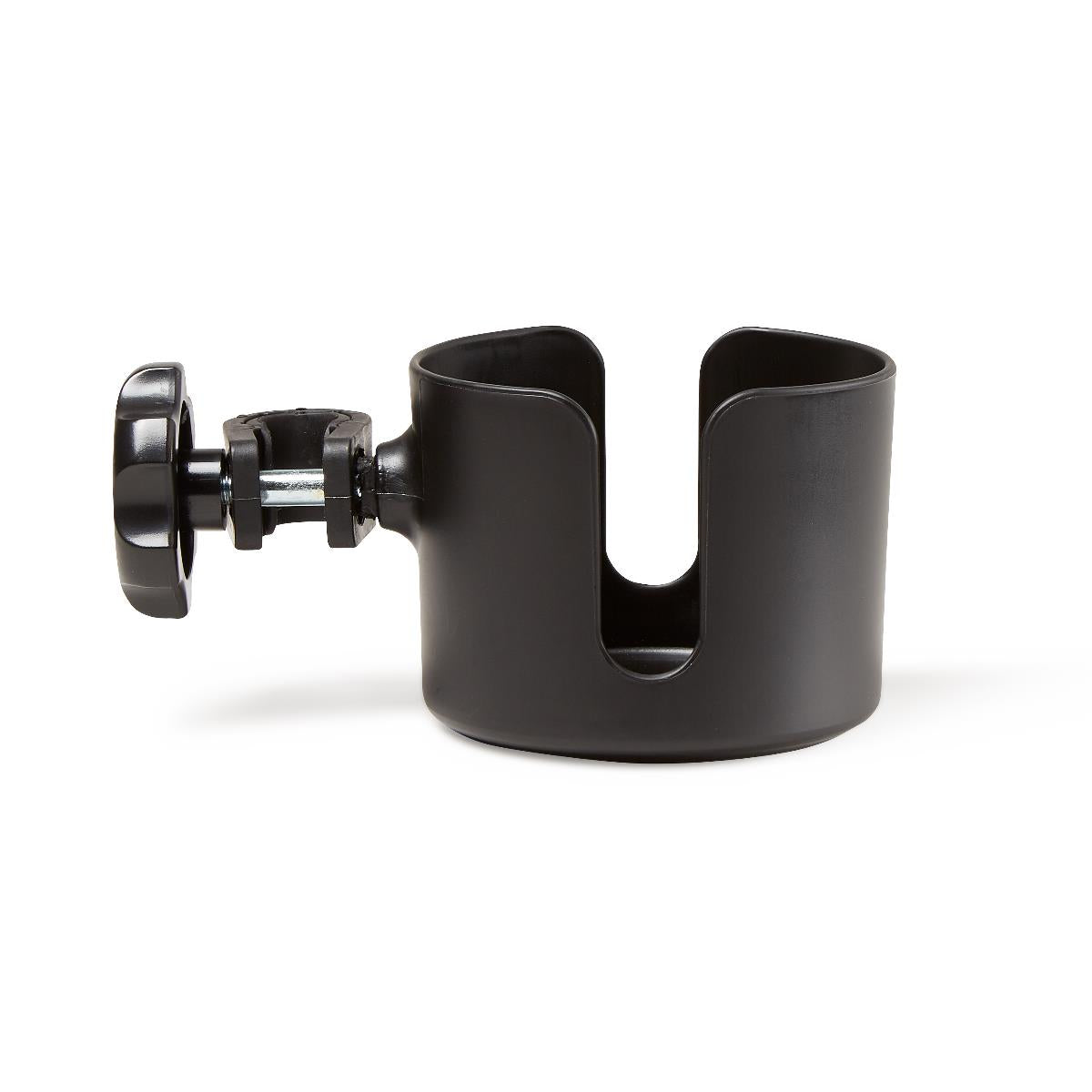 Cup holder with clamp-style mounting bracket and adjustable knob, black plastic, open top with front cutout slot