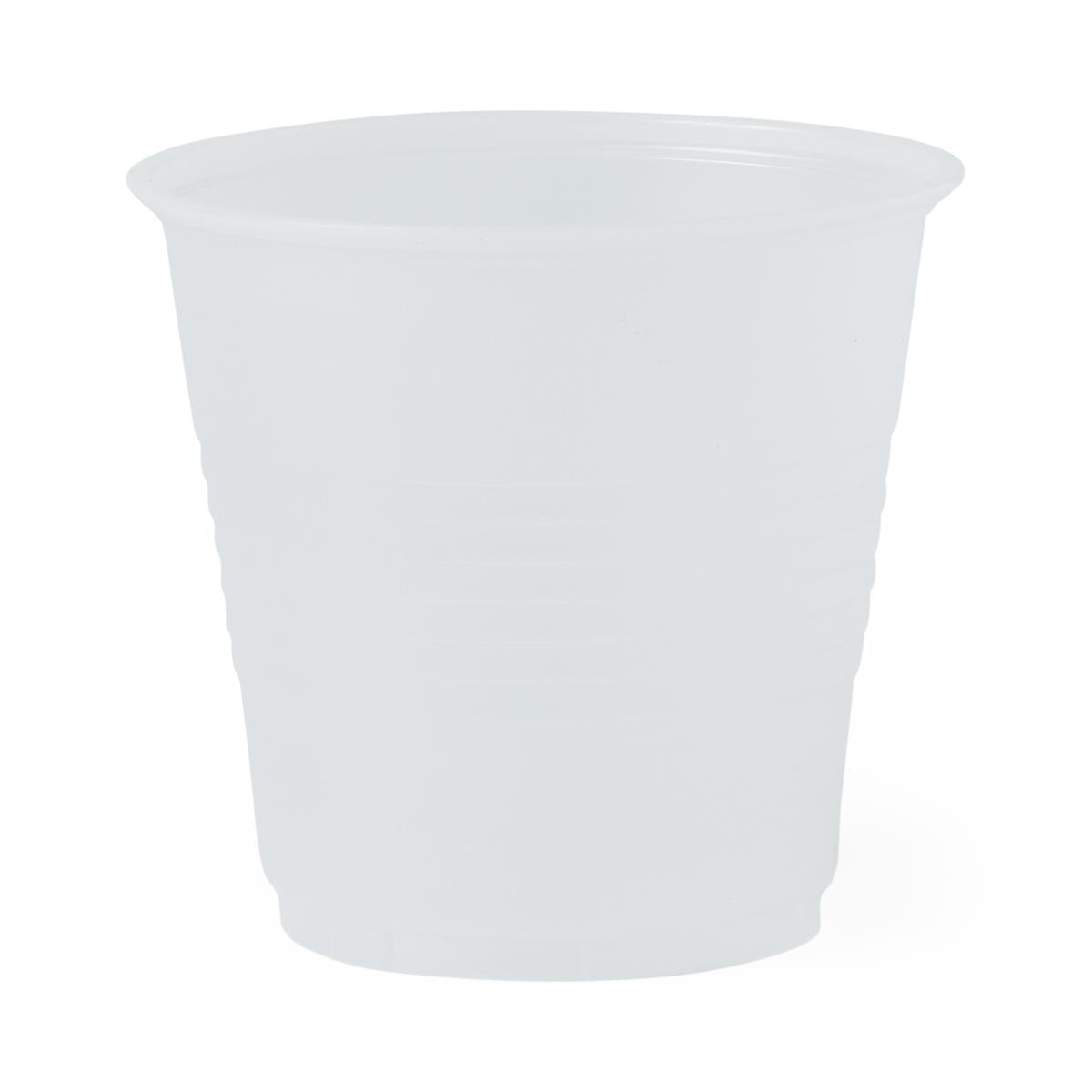 Translucent disposable plastic cup with tapered sides and ribbed base, shown on white background