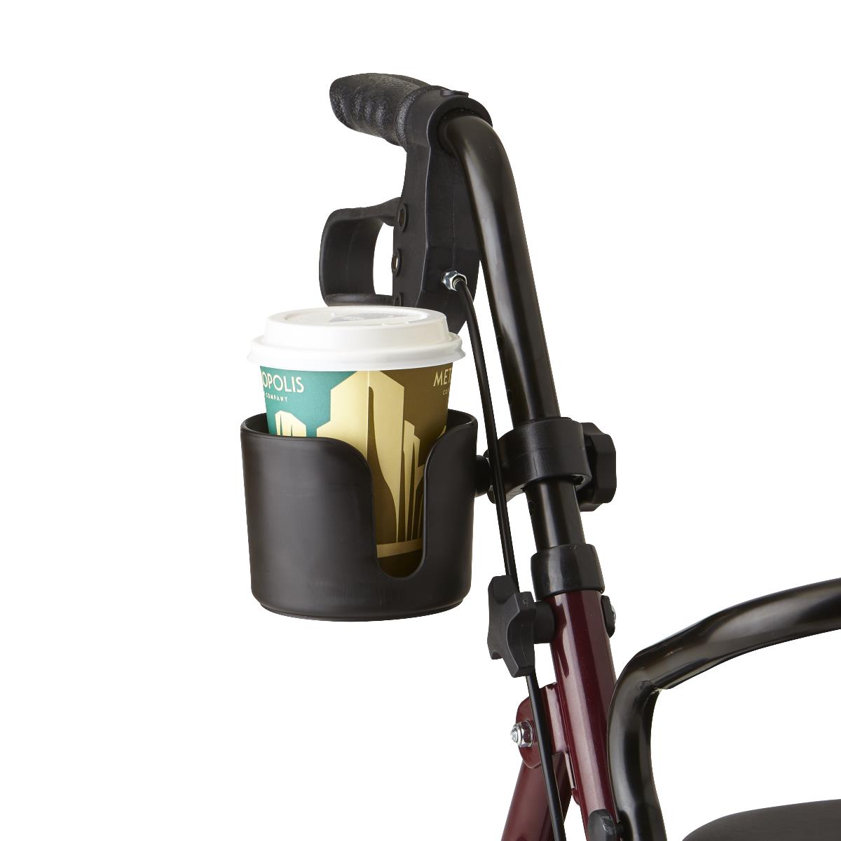 Cup and cane holder clipped onto a wheelchair frame, holding a lidded takeaway cup, shown against a white background