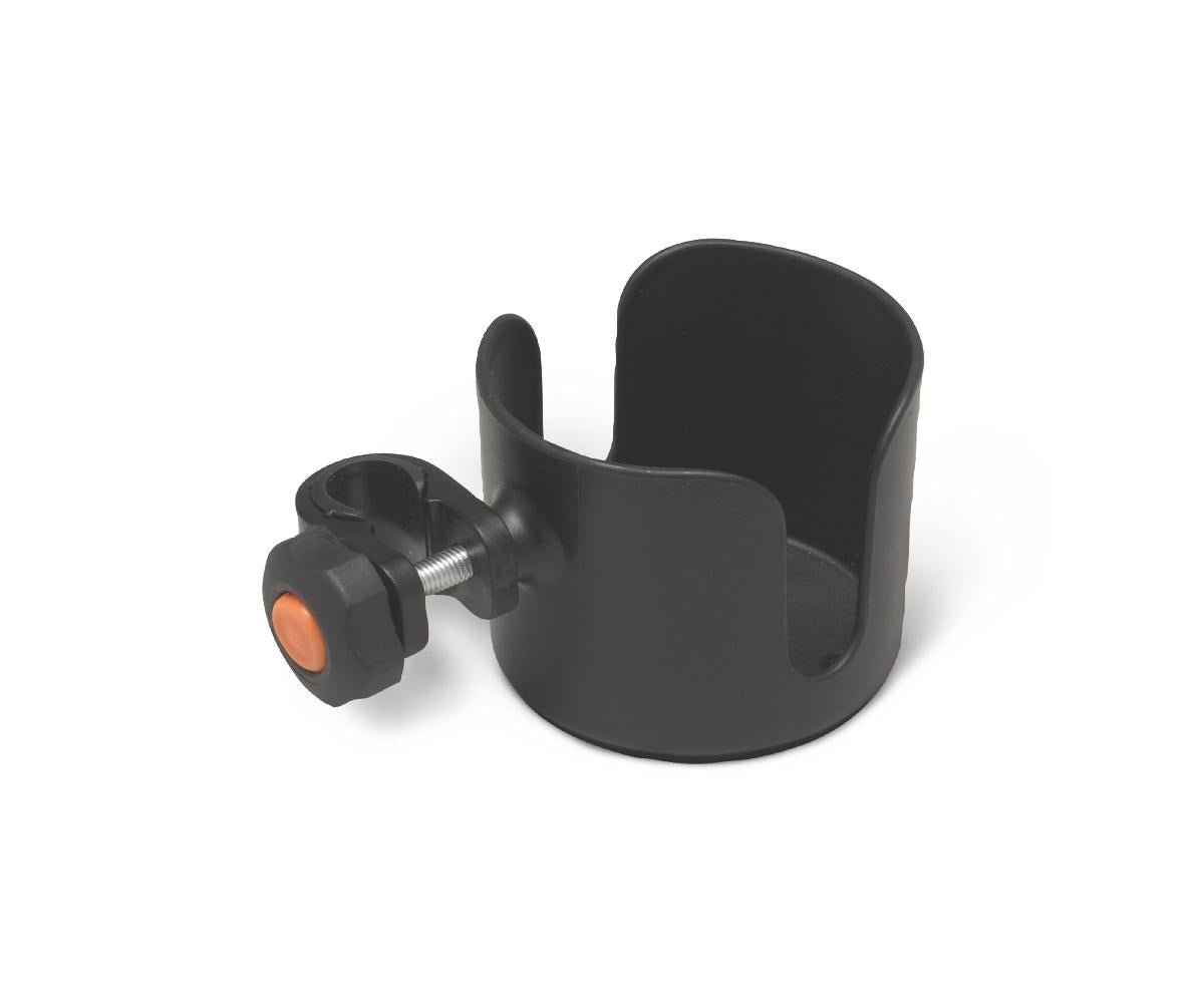 Cup holder with clamp attachment featuring an orange thumb knob, designed to mount on a cane or walker frame