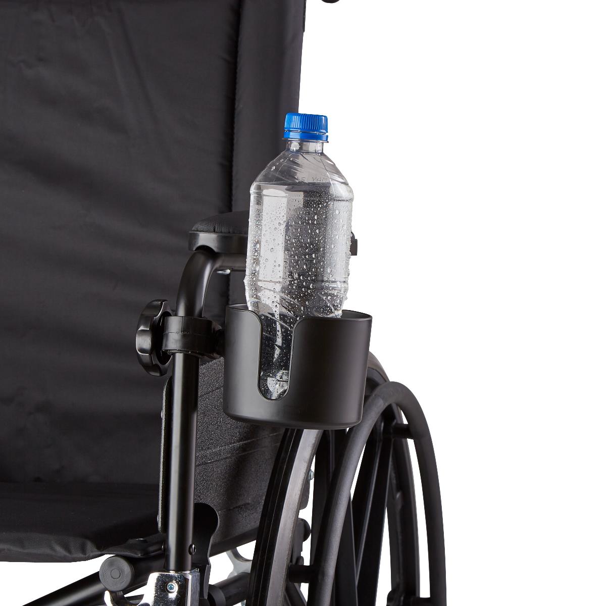 Cup holder attachment clipped onto a wheelchair frame holding a water bottle with blue cap