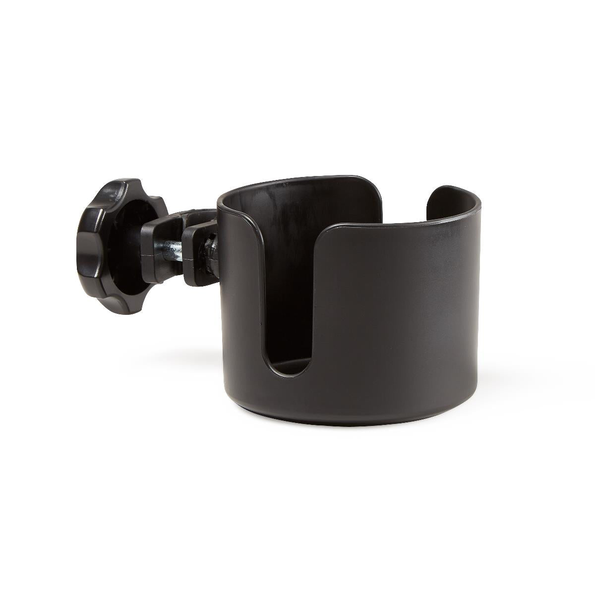 Cup holder with adjustable clamp mount in black plastic, designed to attach to a wheelchair or mobility aid frame